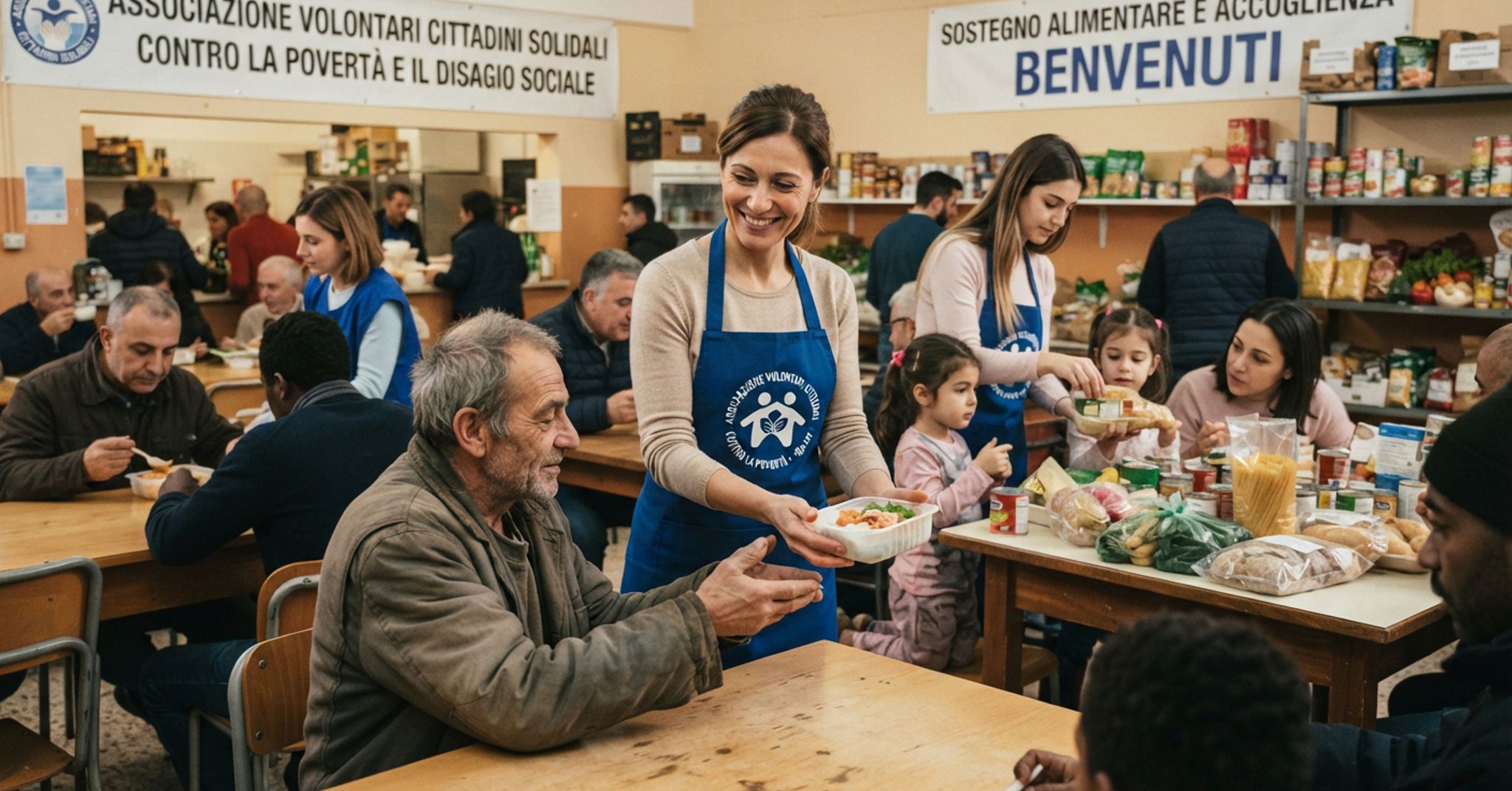Illustrazione a scopo descrittivo generata con IA: associazionismo contro la povertà e il disagio sociale.