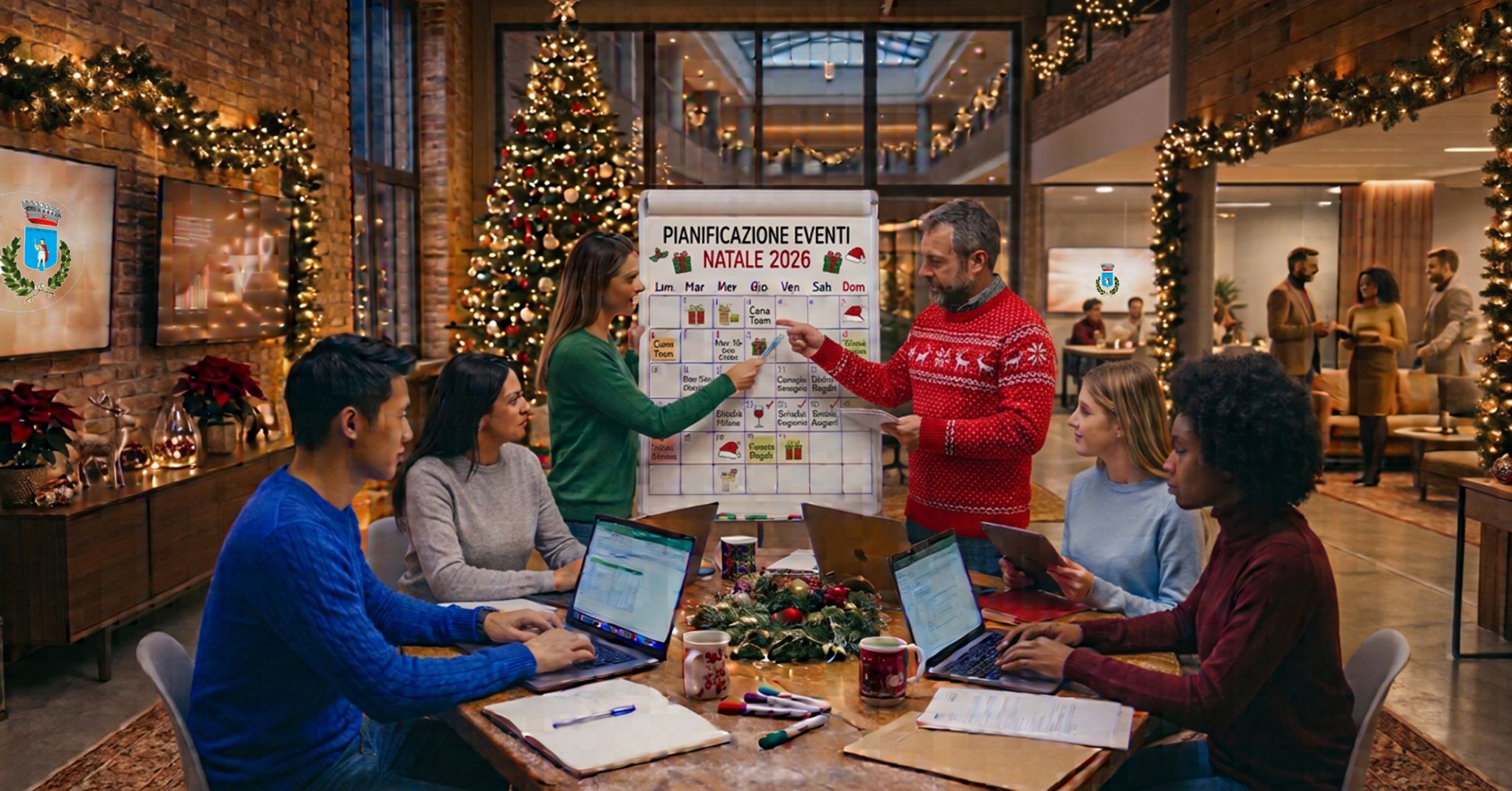 S3 M20261026 Natale Illustrazione a scopo descrittivo generata con IA: gruppo di lavoro che pianifica gli eventi natalizi.